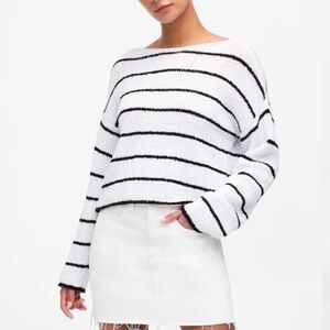Madewell Boatneck Pullover Sweater White Black Stripe Size L NWT
